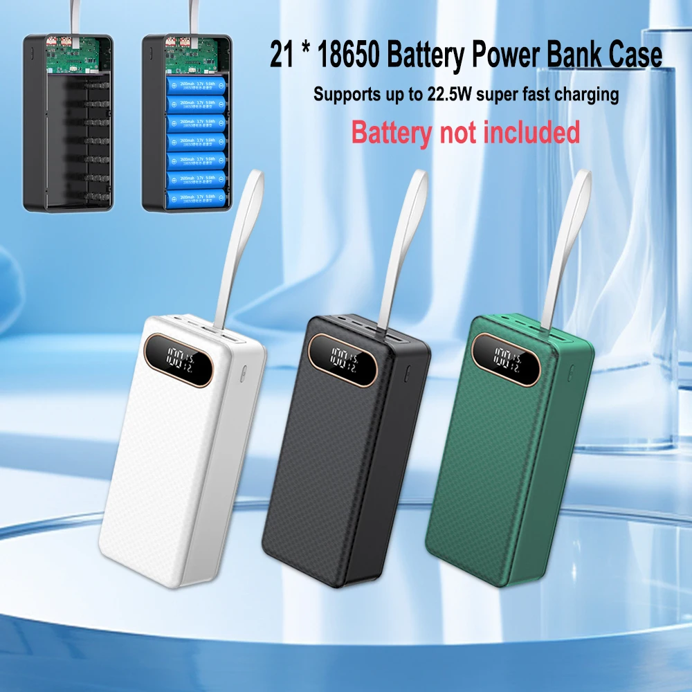 22W 21X18650 Battery Case Welding Free Power Bank Case Kit Detachable Portable DIY Shell DC TYPE-C USB Built-in LED Flashlight