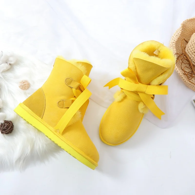Fashion Genuine Sheepskin Leather Woman Snow Boots Lace Up Winter Boots 100% Natural Fur Warm Wool Women Mid-calf Boots