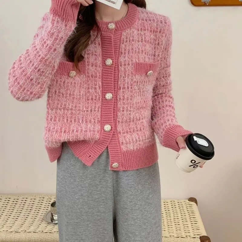 Women's Spring Autumn Temperament Blended Brilliant Silk Knitted Cardigan French Small Fragrance Reduced Age Short Sleeve Top