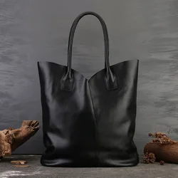 Vintage Genuine Leather Women's Handbag New Solid Color Commuter Shoulder Bag Versatile Large Capacity Casual Bucket Bag