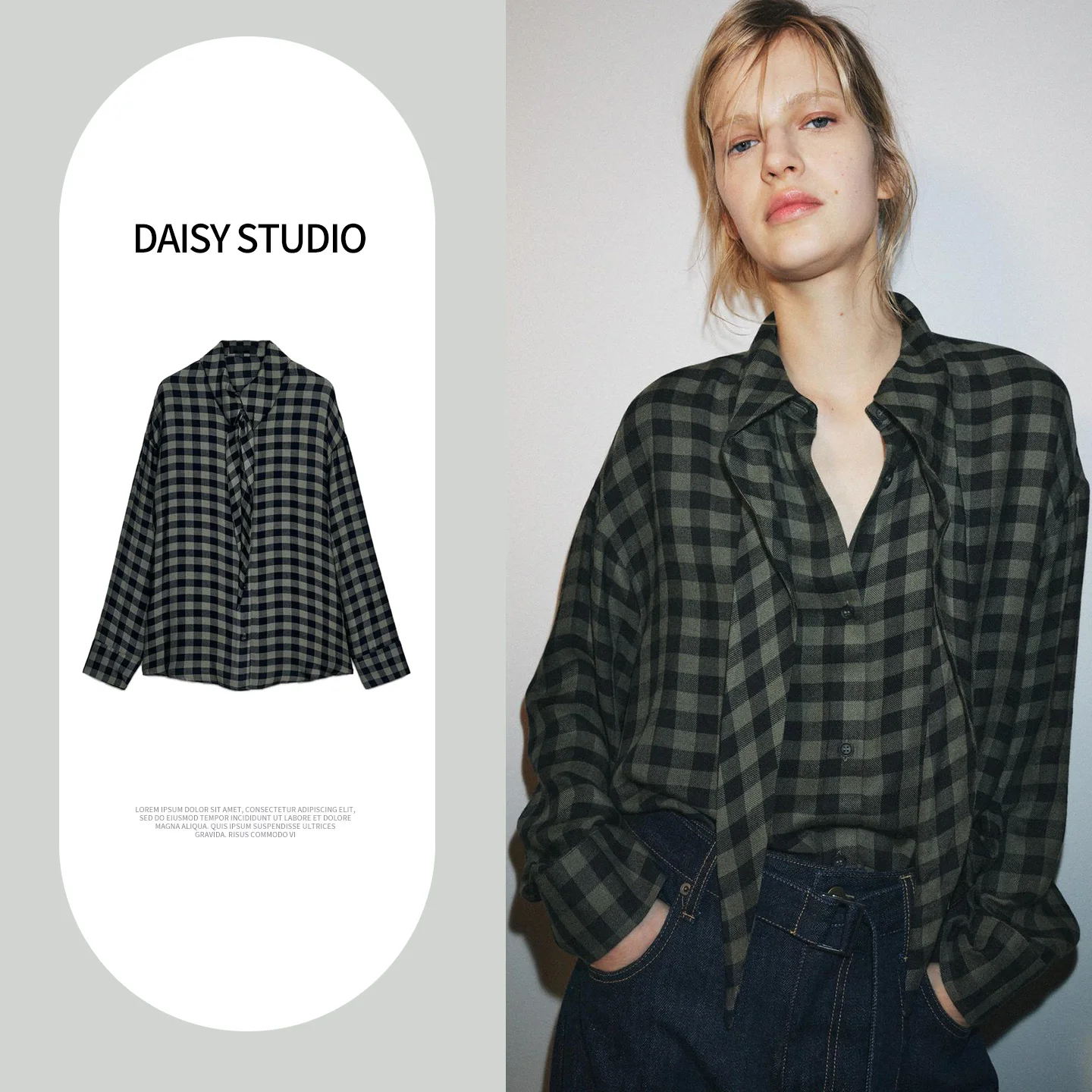 

Spring New Arrival Women's irt with Scarf Small id Pattern Long Sve Turn-down Collar round Hemline Casual Sle Polyes...