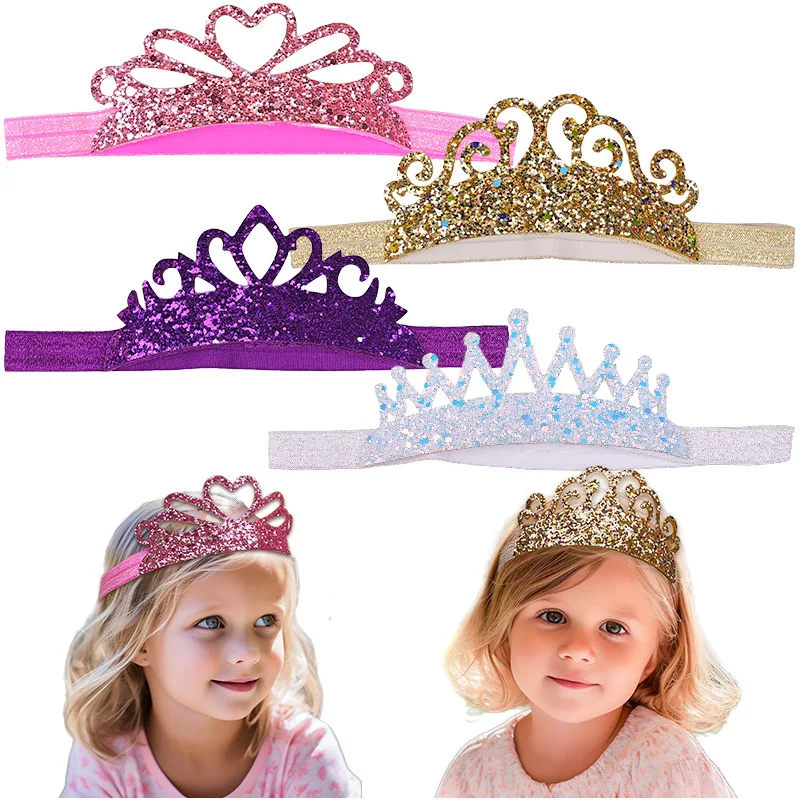 28pc/lot Newborn Kids Princess Tiara Headwear Baby Girls Glitter Crown Headbands Children Happy Birthday Party Hair Accessories