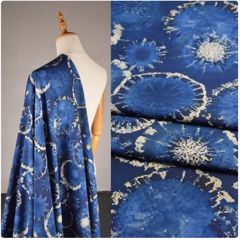 Retro National Wind Blue Smudge Chiffon Fabric, Cheongsam, Dress, Pants, Shirt Handmade Sewing Tissue, Not Transparent, T2335