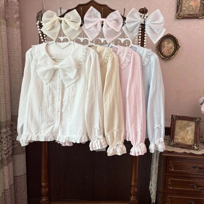 

Блузка в стиле Harajuku с одним рядом пуговиц, в стиле гранж, японская, кавайная, с кружевными вставками, Y2K, эстетичная, женская, с милым бантом, в стиле Лолита