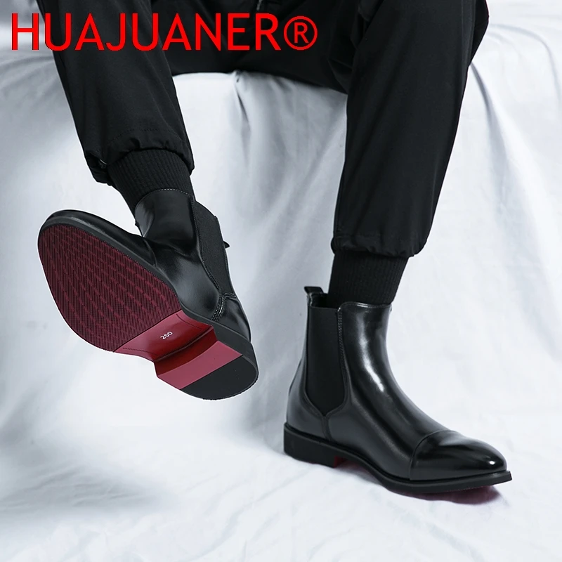 British Style Men's Black Chelsea Boots Women's Genuine Leather Red Sole Boots Cover Toe Flat Sole Boots Outdoor Casual Shoes view 5