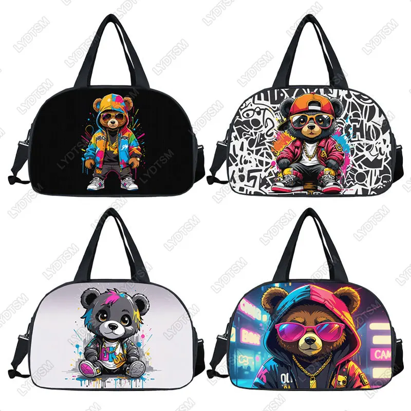 Cute Graffiti Bear Print Handbag for Travel Large Capacity Duffle Bags Cartoon Bear Multifunctional Storage Bag Shoes Holder