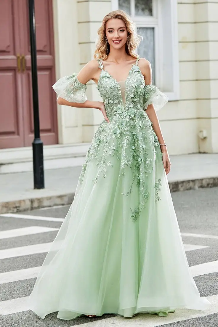 Spaghetti Straps A-Line Tulle Evening Dress Sage 3D Floral Lace Appliques Floor Length Prom Birthday Party Gown For Women