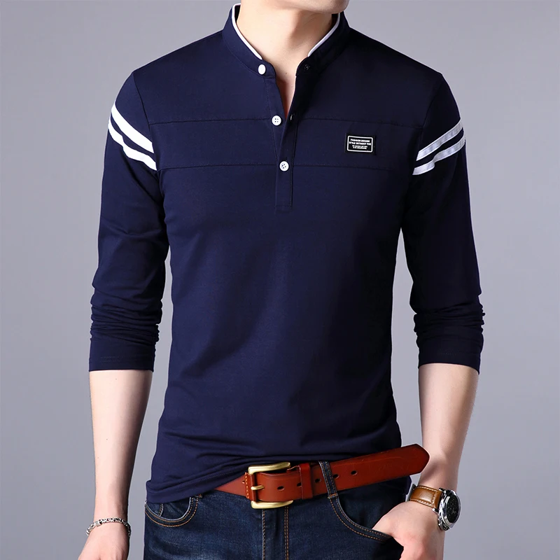 Men\'s Fashion Summer Long Sleeved POLO T-shirt Casual Cotton Breathable Top Stand Up Neck Long Sleeve Korean Comfortable Shirt