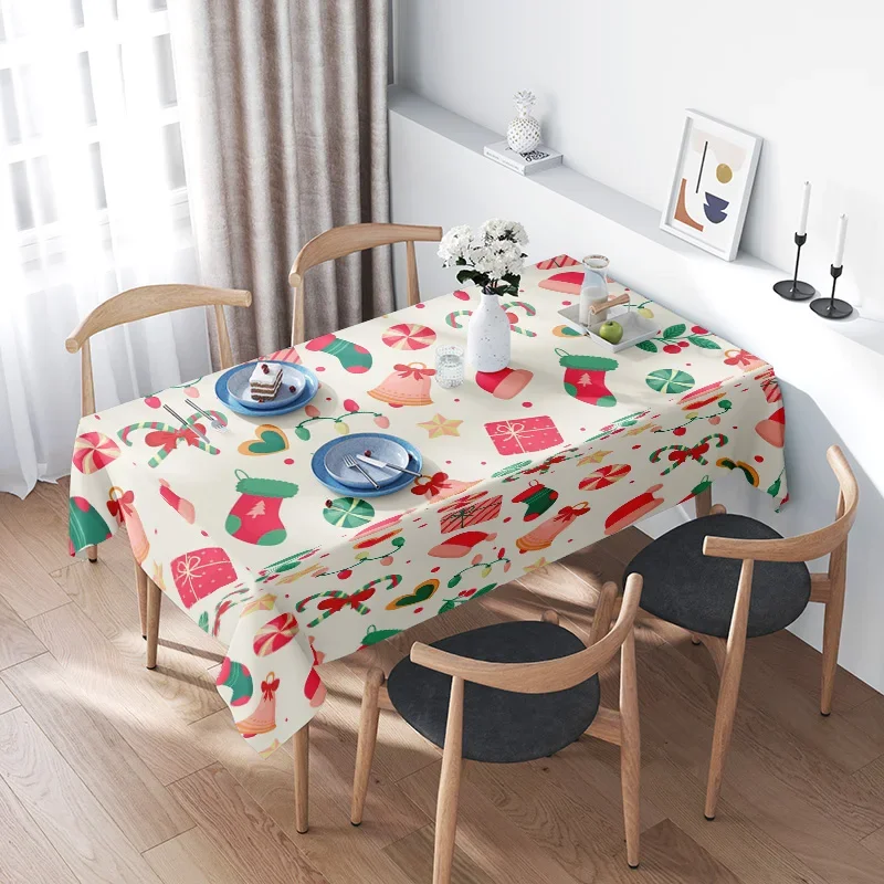 Multicolored Christmas Party Tablecloth with Cute Cartoon Print Perfect for Holiday Celebrations