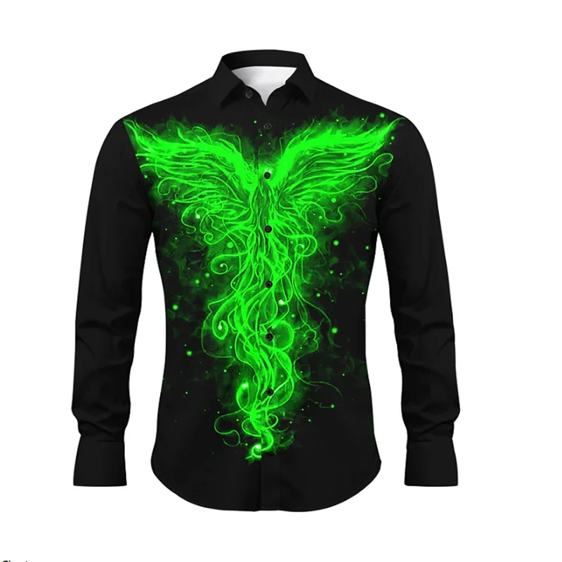 Men's Button Lapel Phoenix Flame Shirt Fashionable Casual Geometric Outdoor Party Soft and Comfortable 2024 New Plus Size