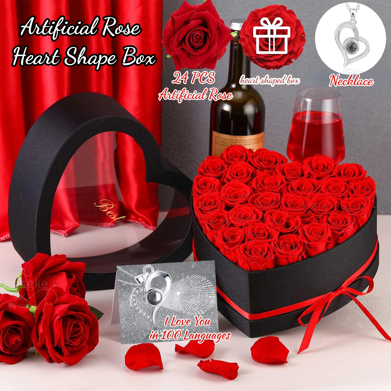 24pcs Artificial Rose Bouquet Heart Shape Rose Gift Box 100 Languages I Love You Necklace Eternal Roses Christmas Gifts for Her