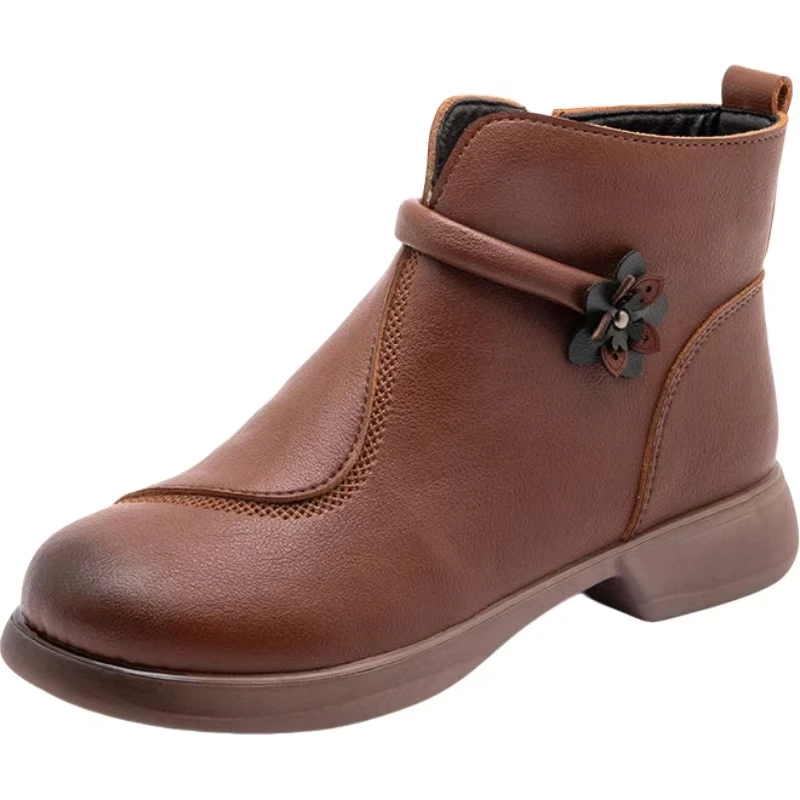 

Women Leather Low Heel Ankle Cotton Boots Soft sole Non Slip Waterproof Winter New Plush Keep Warm Round Toe Retro Cotton Shoes
