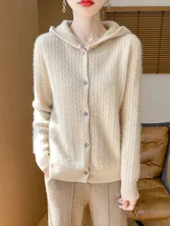 Women's Coat 100% Pure Wool Hooded Knitted Cardigan Autumn Winter New Twist Flower Sweater Casual Long Sleeved Solid Color Tops