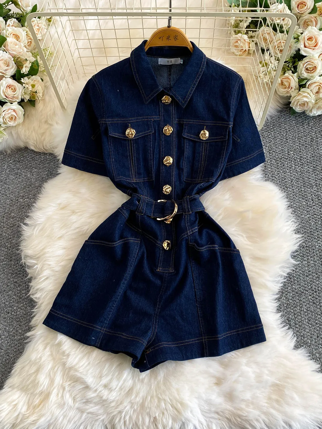 

Retro Luxury Metal Buckle Turn-down Collar Pantsuit Women's New 2026 Stylish Slimming Denim High Waist Wide Leg Pants