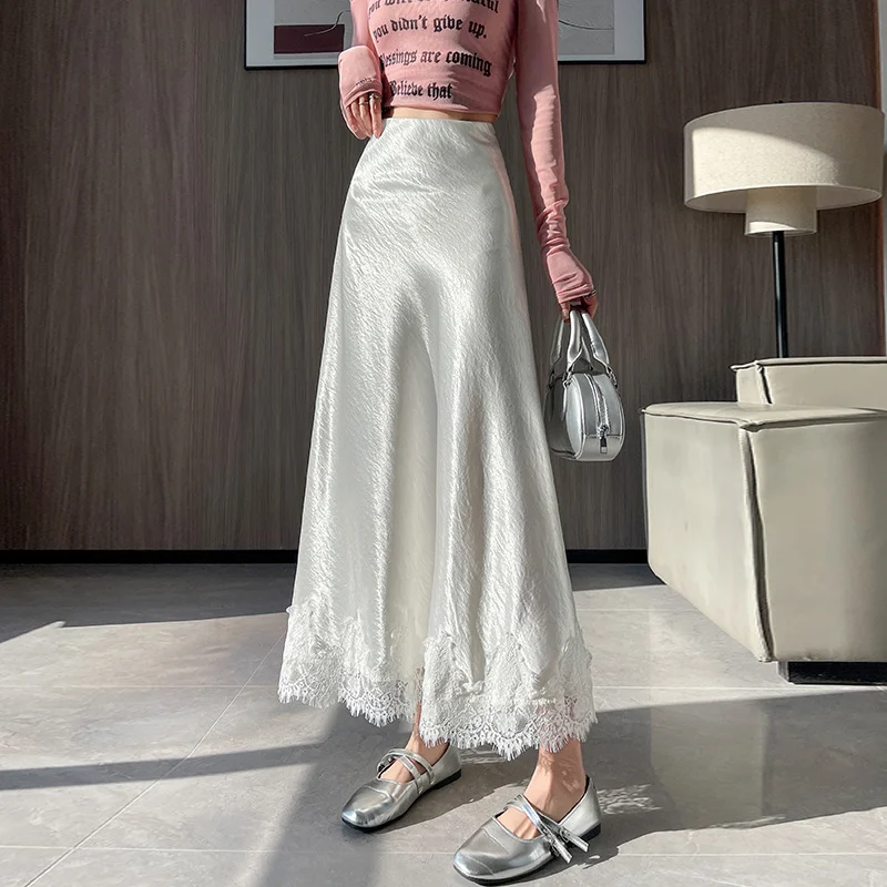 

Женская юбка миди с высокой талией, драпировкой и кружевной отделкой, из ацетатного атласа, фасон А-силуэт, в стиле русалки, весна-лето