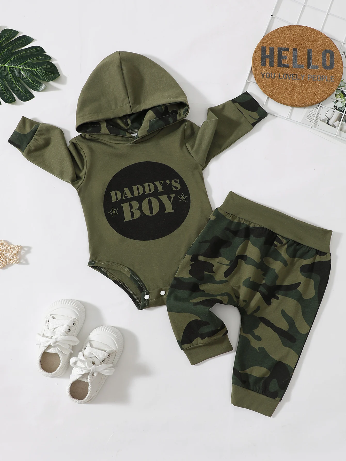 Winter  1-3 Years  Old  Infant  Baby  Boys  Letter  Printed  Top And  Camouflage  Printed  Pants Casual  2-Piece  Set