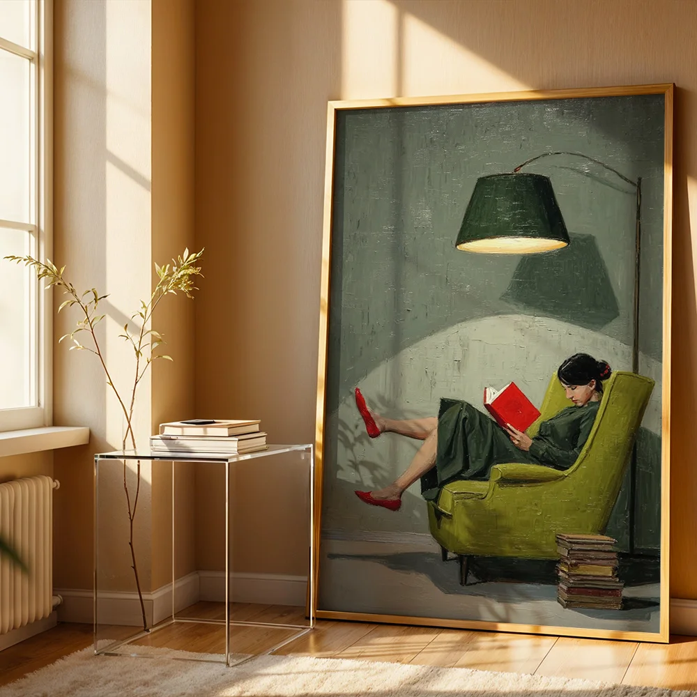 Oil Painting Style Lady Reading On Green Chair Canvas Poster Wall Hanging, Wall Art For Living Room Bedroom, Vintage Home Decor