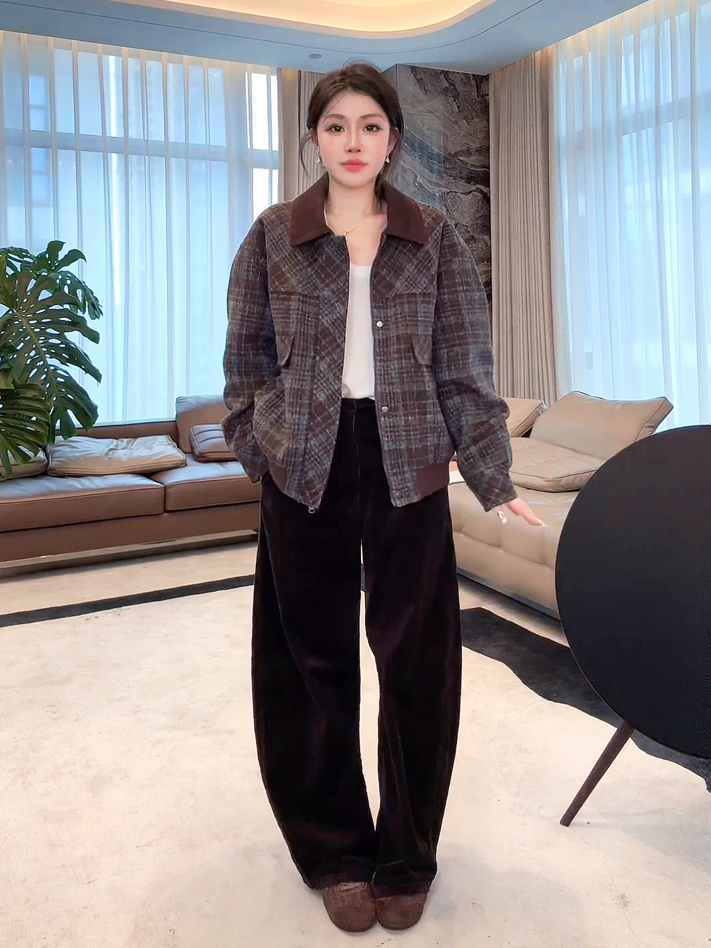 

Теплое пальто из шерсти и хлопка с мягкой подкладкой, универсальное, модное, в британскую клетку, модель Mesa3757, женское, для повседневной носки