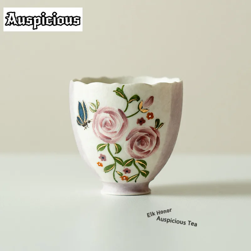 

85ml Hand-painted Butterfly Rose Flower Teacup Handmade Tea Bowl Mugs Tea-tasting Meditation Cup Chazhan Master Cups Tableware