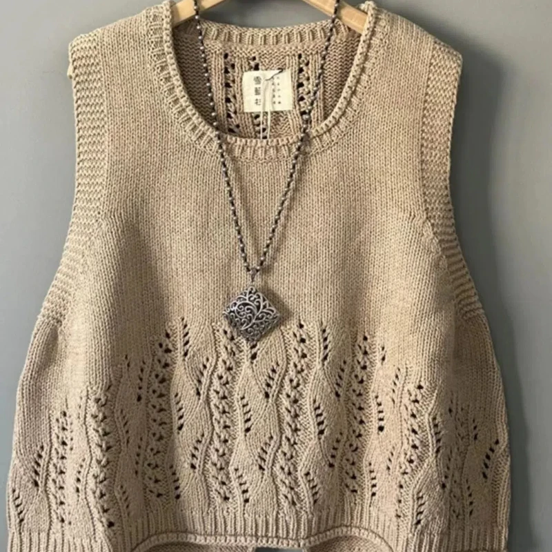 Vintage Autumn Winter Women Sweater Vest U-Neck jacquard weave Hollow Out Korean Fashion Casual Loose Sleeveless Knitted Tops