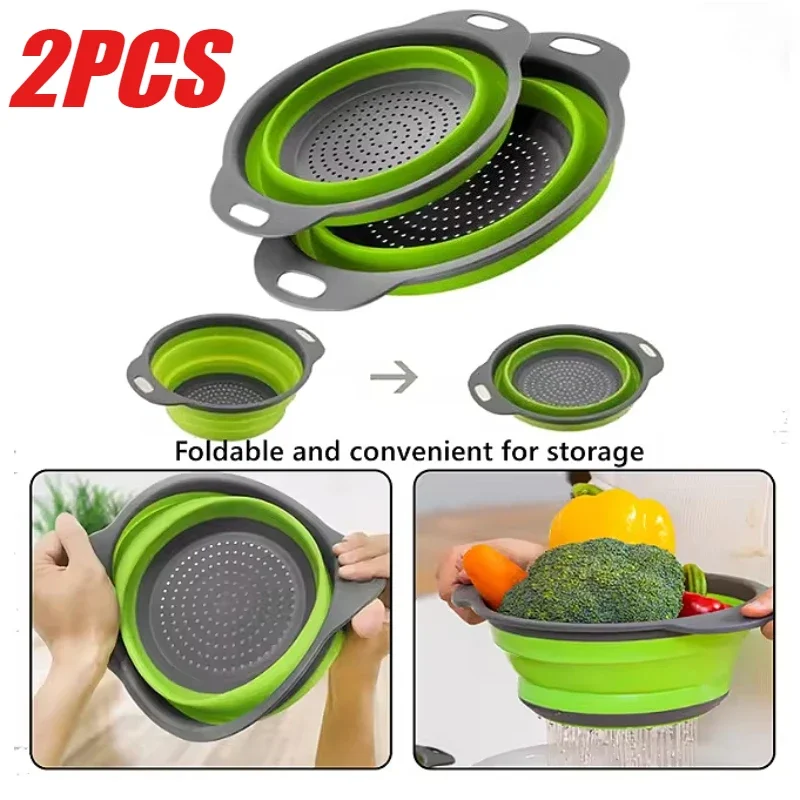 Panier égouttoir pliant en Silicone, 2 pièces, passoire pliable pour fruits et légumes, passoire de cuisine pour aliments, pâtes, ustensiles de cuisine, dispositif de vidange