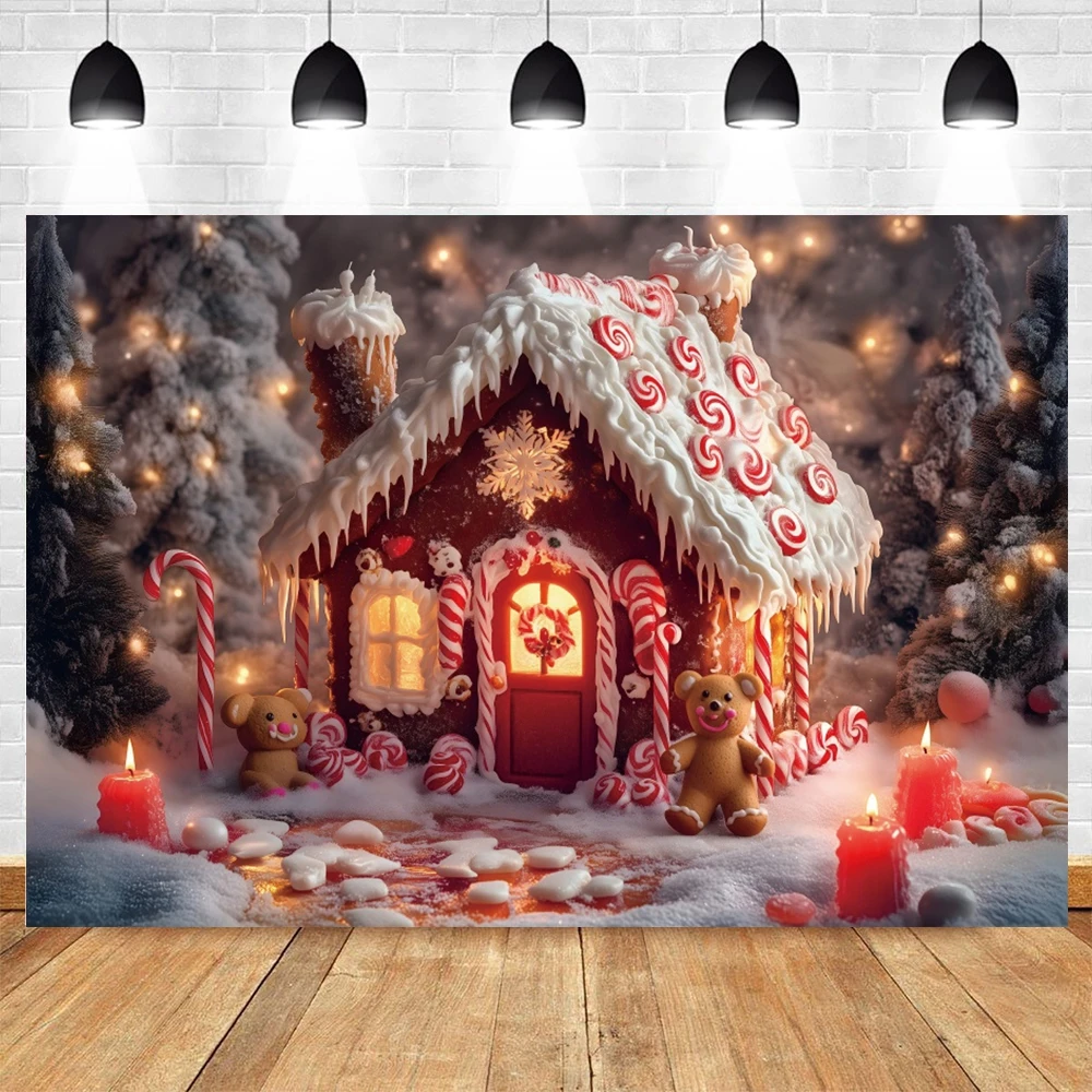 Fondo de fotografía de casa de jengibre de Navidad, copo de nieve de invierno, bastón de caramelo, regalo de árbol de Navidad, retrato de niños, fondo de fotografía rojo