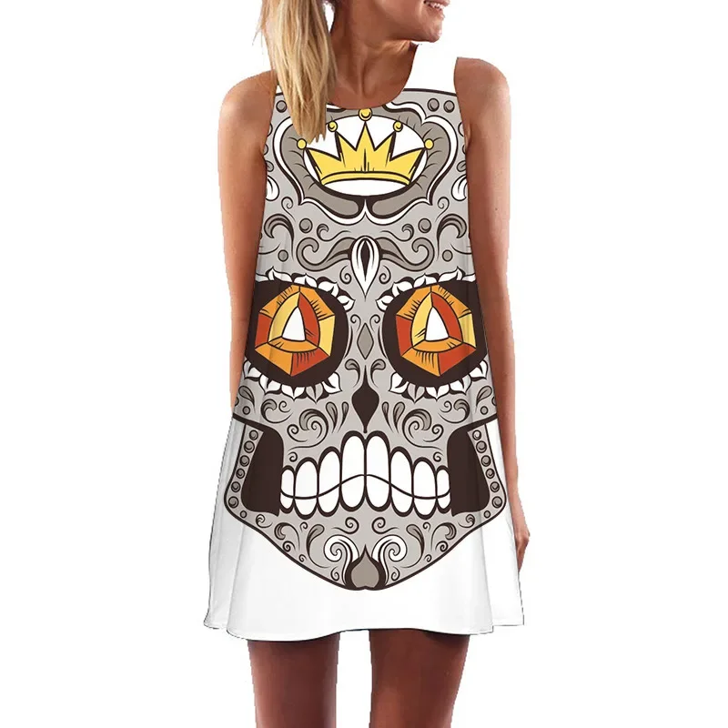 

New women's dress floral skull 3D digital printing round neck vest skirt mid skirt summer casual women's vest dress