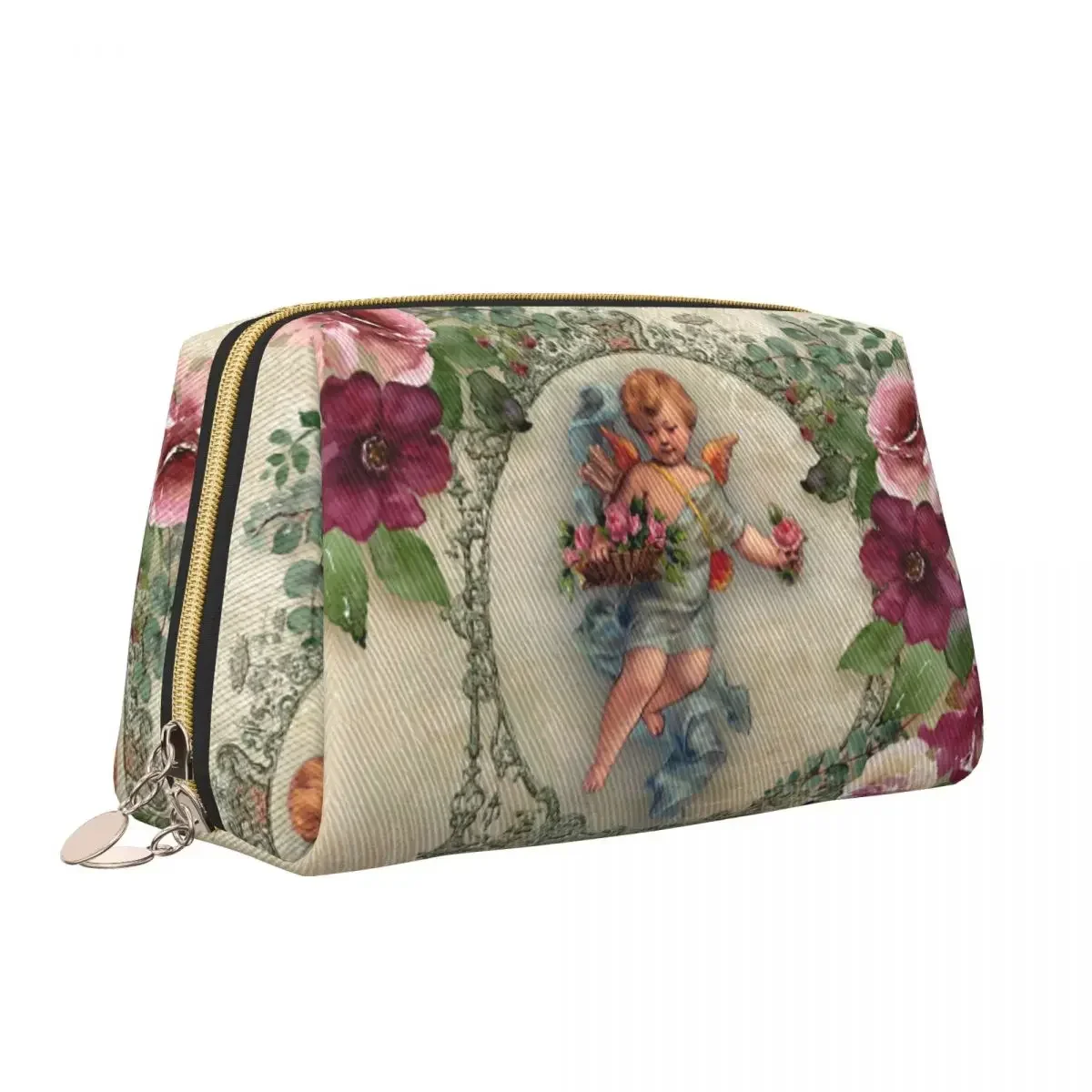 Cute Victorian Angel Print With Vintage Rose Bouquets Shabby Chic Toiletry Bag Cosmetic Makeup Bag Beauty Storage Dopp Kit