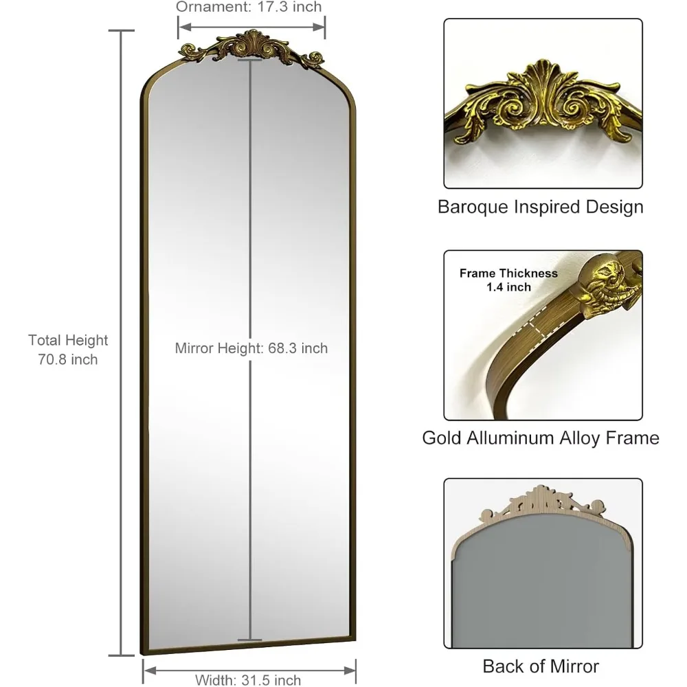 Золотые арочные зеркала в полный рост 71x32, зеркала в стиле ретро в стиле барокко для стен и декоративные напольные зеркала для ухода за волосами