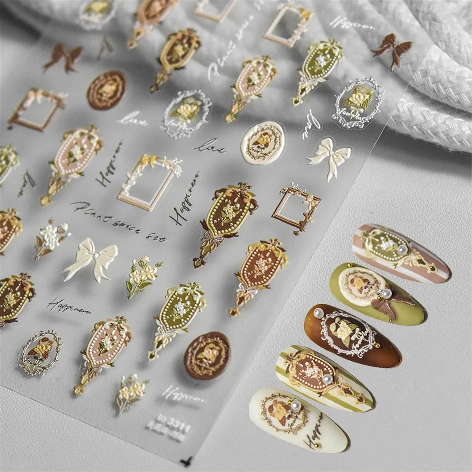 Vintage Mirror Photo Frame Stamp Rose Flower Bow 5D Embossed Relief Self Adhesive Nail Art Decoration Sticker 3D Manicure Decals