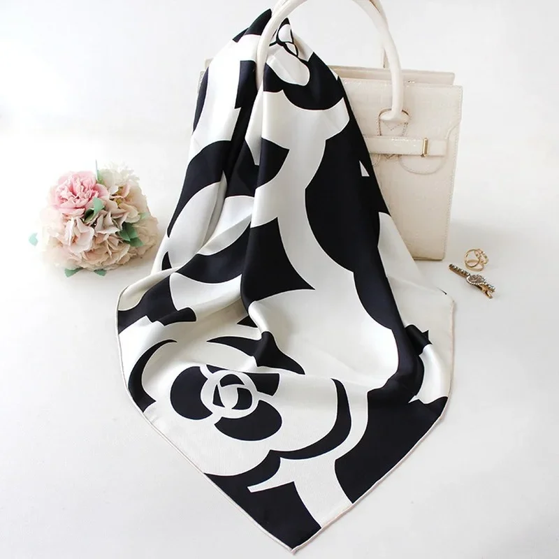 High-end Elegant Women's Classic Black and White Camellia Print Quality Twill Silk Hand-rolled Edge Versatile Square Scarf Shawl