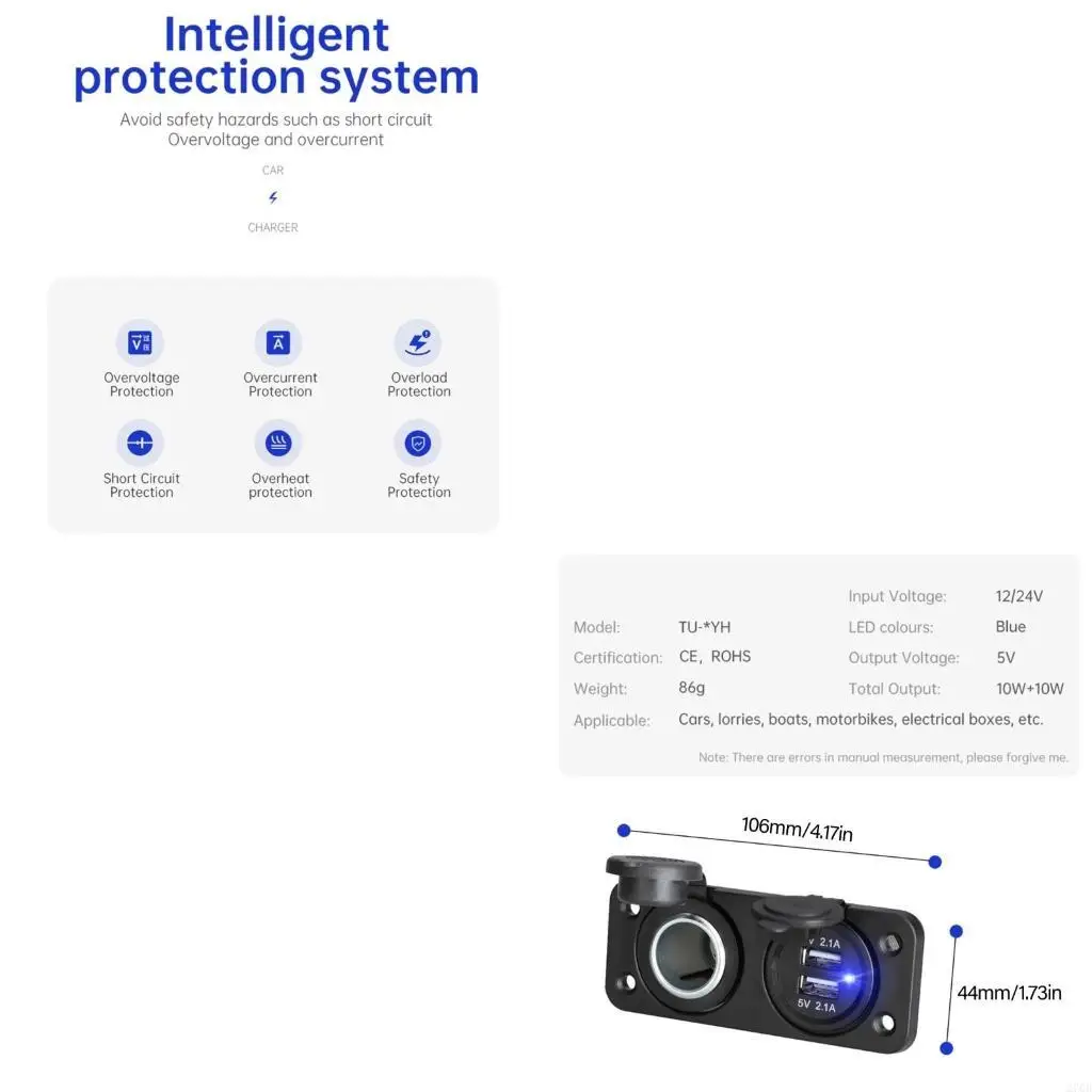 Adaptador fuente alimentación 12V-24V para coche y motocicleta, toma voltímetro USB doble, Panel montaje para