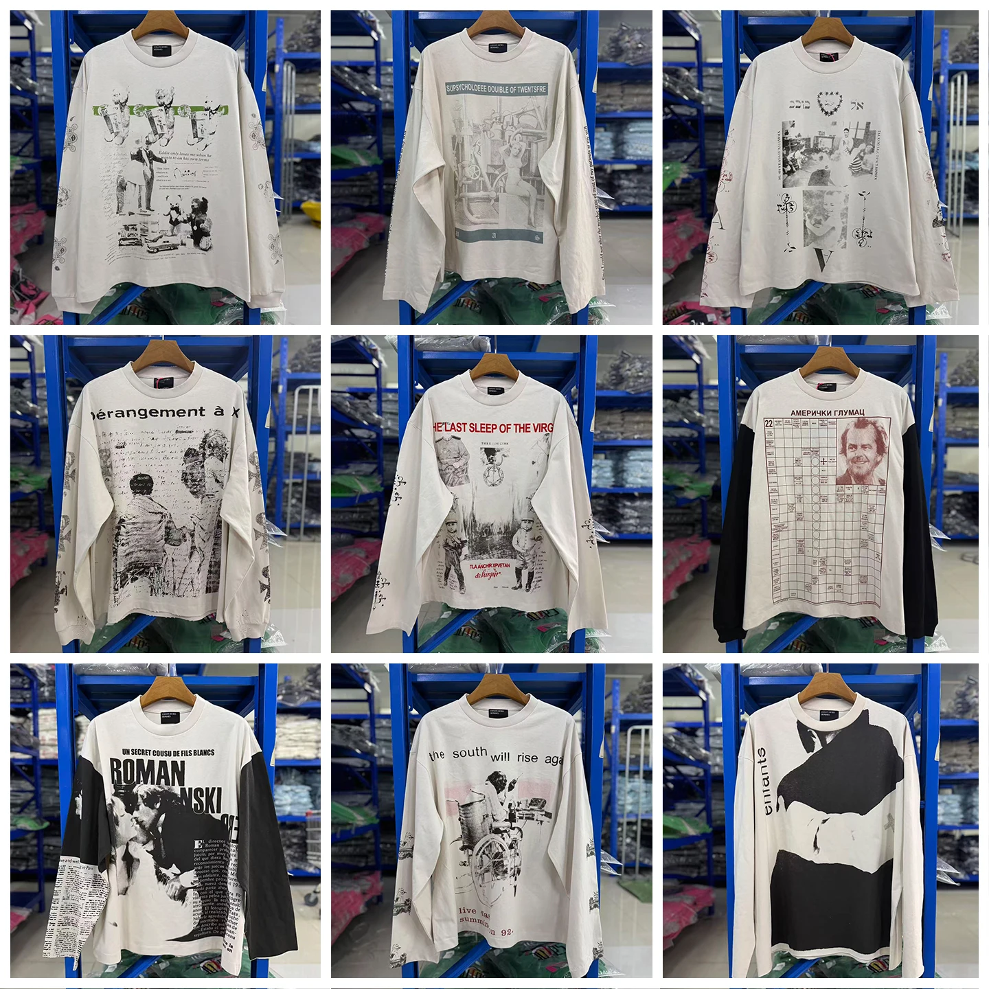Retro Print Long Sleeve T-Shirt Men's Women's Loose Casual Hole Worn Base Shirt American Style Depressed Second Generation