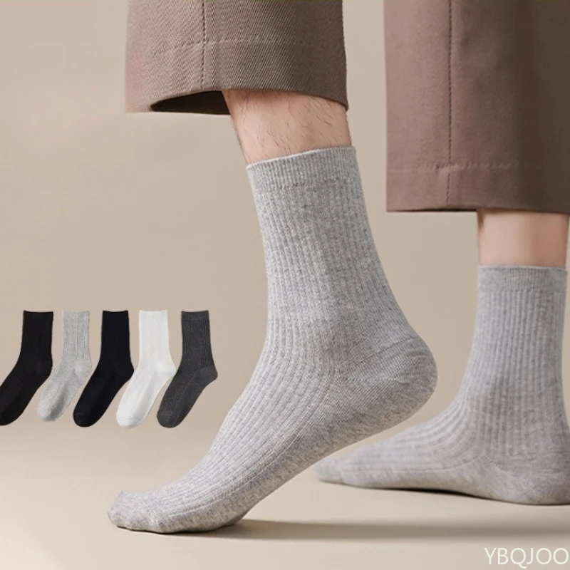 5 أزواج من الجوارب الرجالية المصنوعة من القطن الخالص للخريف ذات الأنبوب المتوسط بإبرة مزدوجة ماصة للعرق ومضادة للبكتيريا جوارب قطنية رياضية