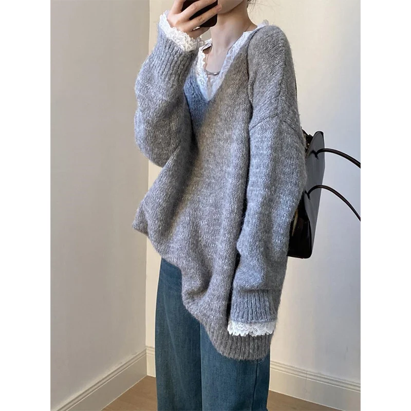 

Модный кружевной вязаный свитер с v-образным вырезом, женский винтажный свободный утепленный мягкий джемпер с длинными рукавами, женский пуловер Y2K High Street