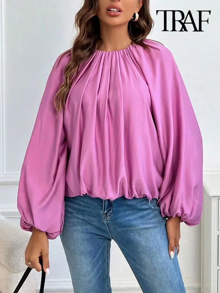 TRAF Women Fashion Loose Pleated Blouses O Neck Puff Sleeves Female Shirts Chic Tops