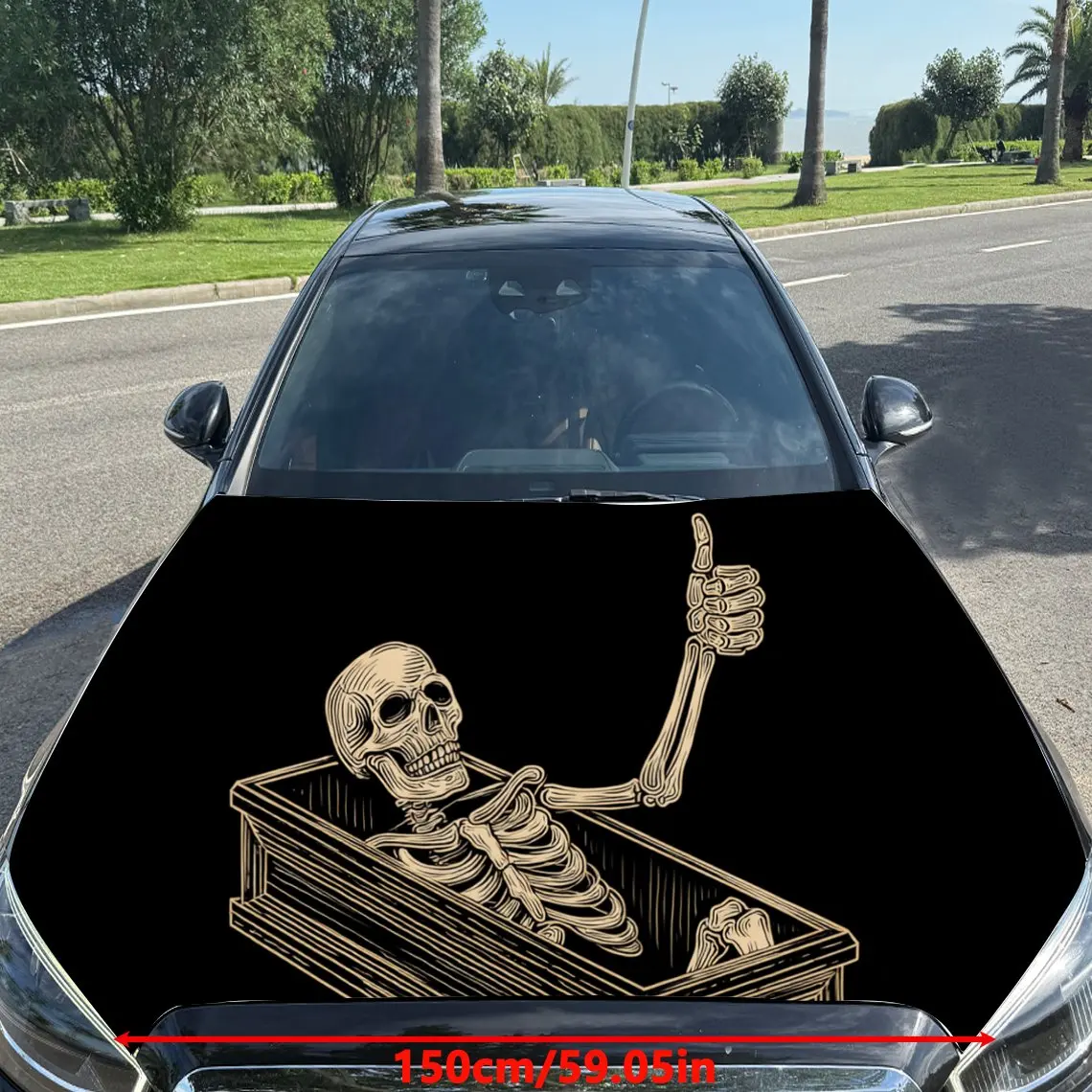 Skeleton in Coffin Car Hood Sticker, Waterproof Self-adhesive Vehicle Vinyl Wraps Decal, Trendy Auto Exterior Decoration, Anti-s