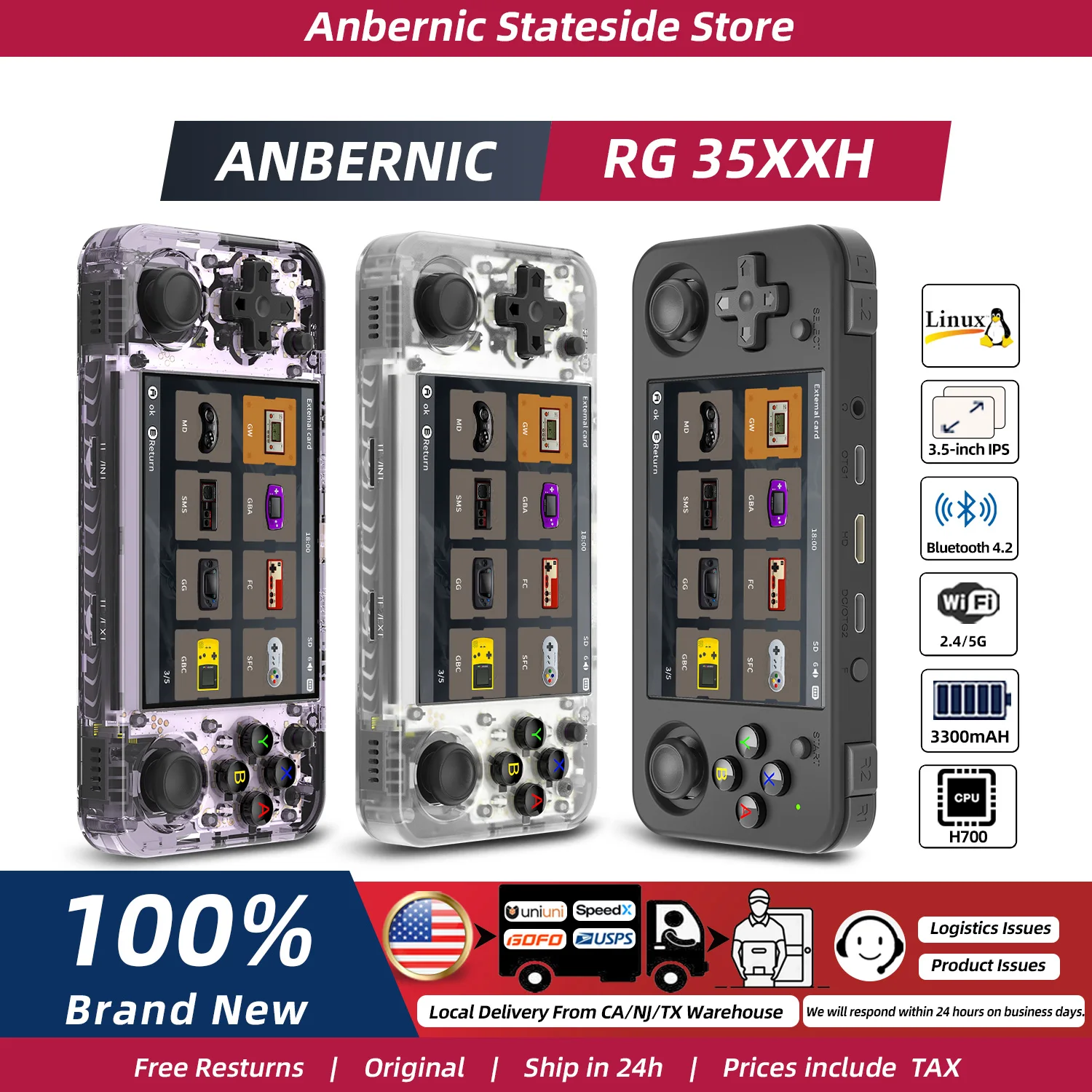 ANBERNIC RG35XX H Handheld Game Console 3.5''IPS Screen HDMI Output Linux System RG35XXH Retro Video Simulator Console Kids Gift