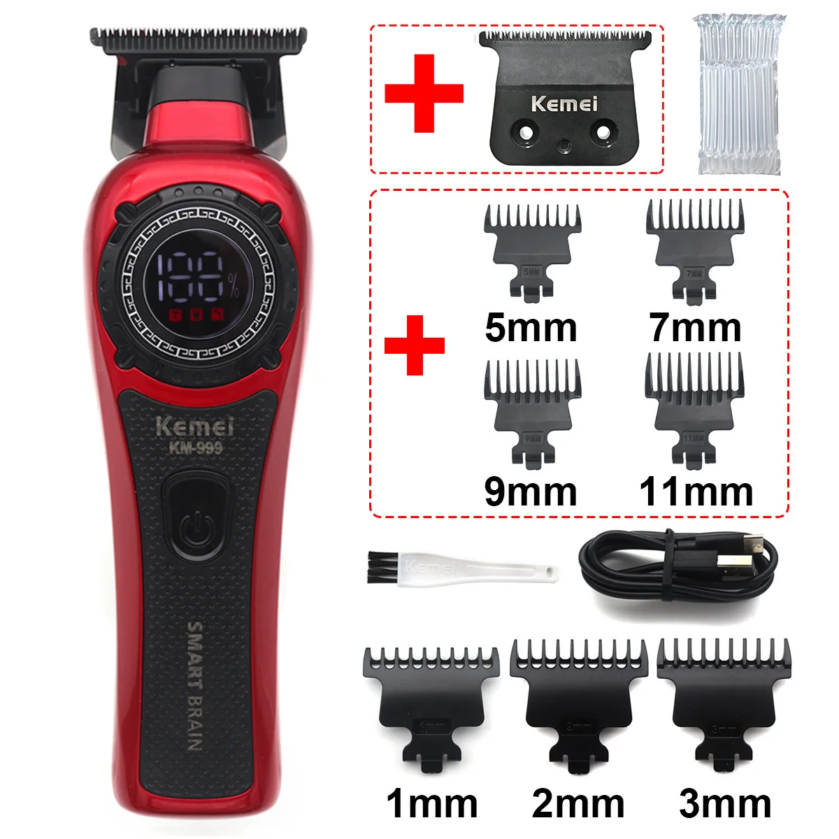 Kemei KM-999 Haarschneider für Männer, DLC T-Blade Zero Gapped LED-Anzeige, kabellose USB-Profi-Haarschneidemaschine, Finishing-Maschine