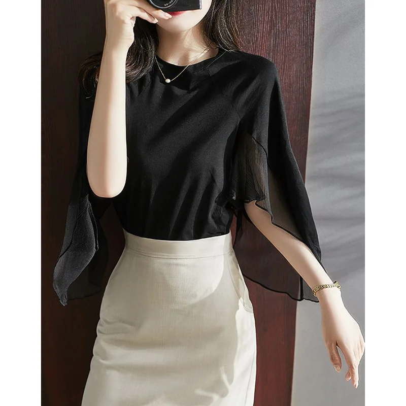 

2025 Summer New Casual Pullovers Office Lady Chiffon Shirt Stylish Solid Color Loose Ruffles Irregular Blouse Women Clothing