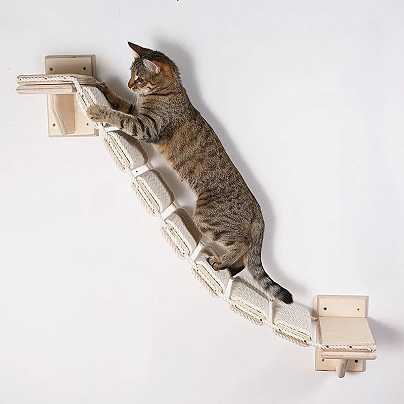 ​Solid Wood Wall-Mounted Cat Climbing Frame - Small Space Sisal Rope Scratching Post with Hanging Bridge for Indoor Cats