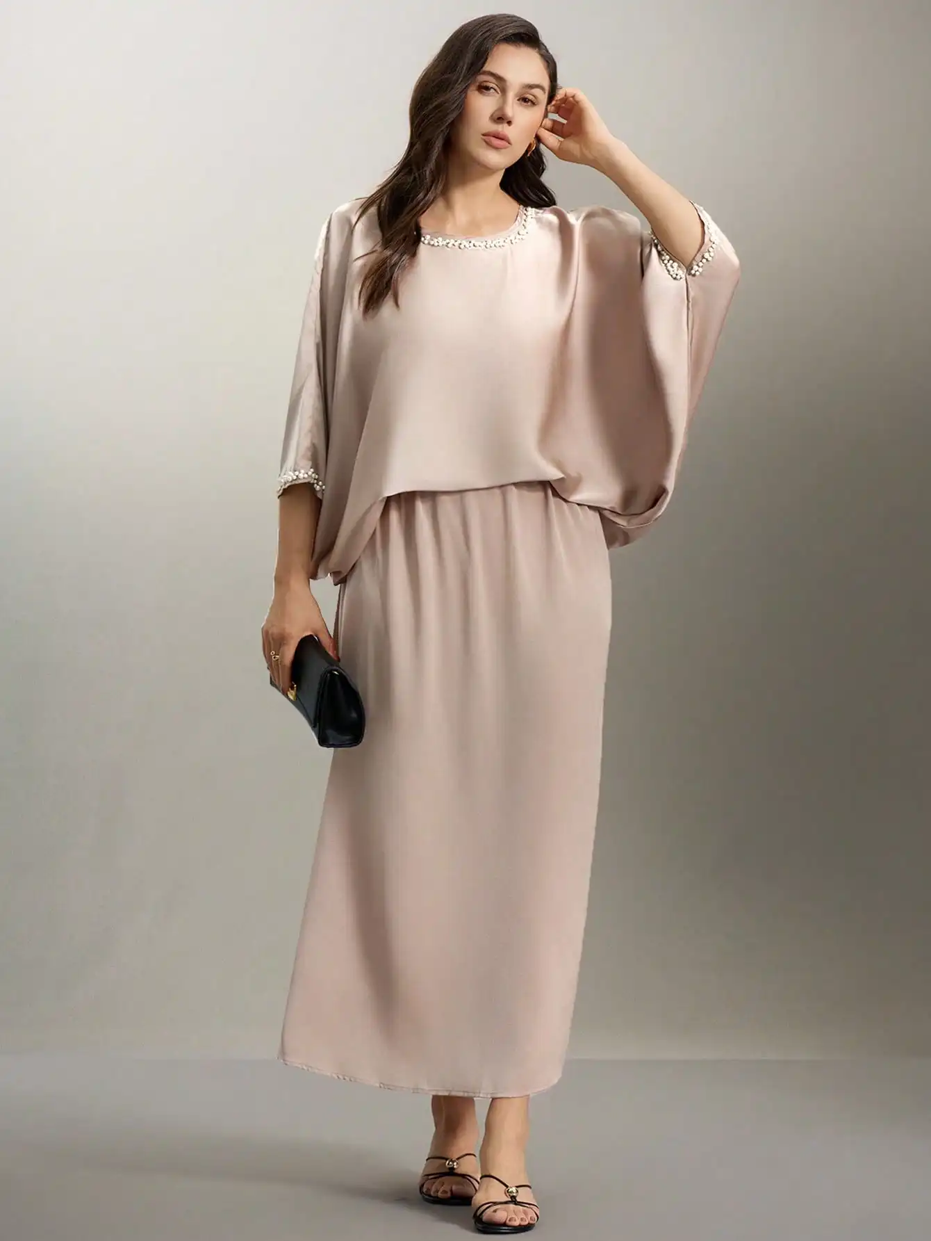 

Women's Plus Size Satin Two-Piece Set, Elegant Pearl Trim Batwing Sleeve Top and Maxi Skirt, Formal Evening Outfit For Ladies