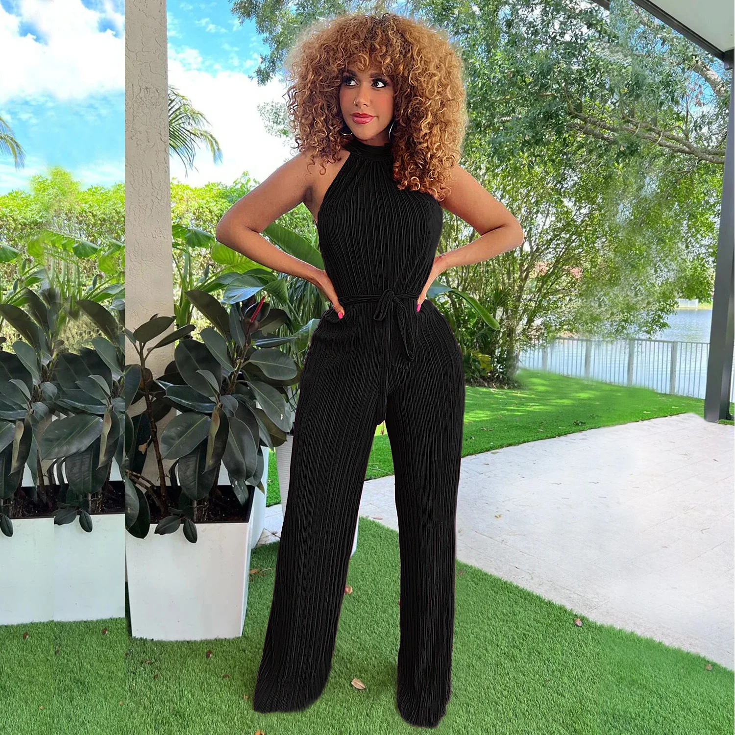 Sexy Pleated Halter Jumpsuits Fashion Streetwear 2023 Women Summer Bodysuit Playsuit Elegant Luxury Bodycon One Piece Jumpsuit