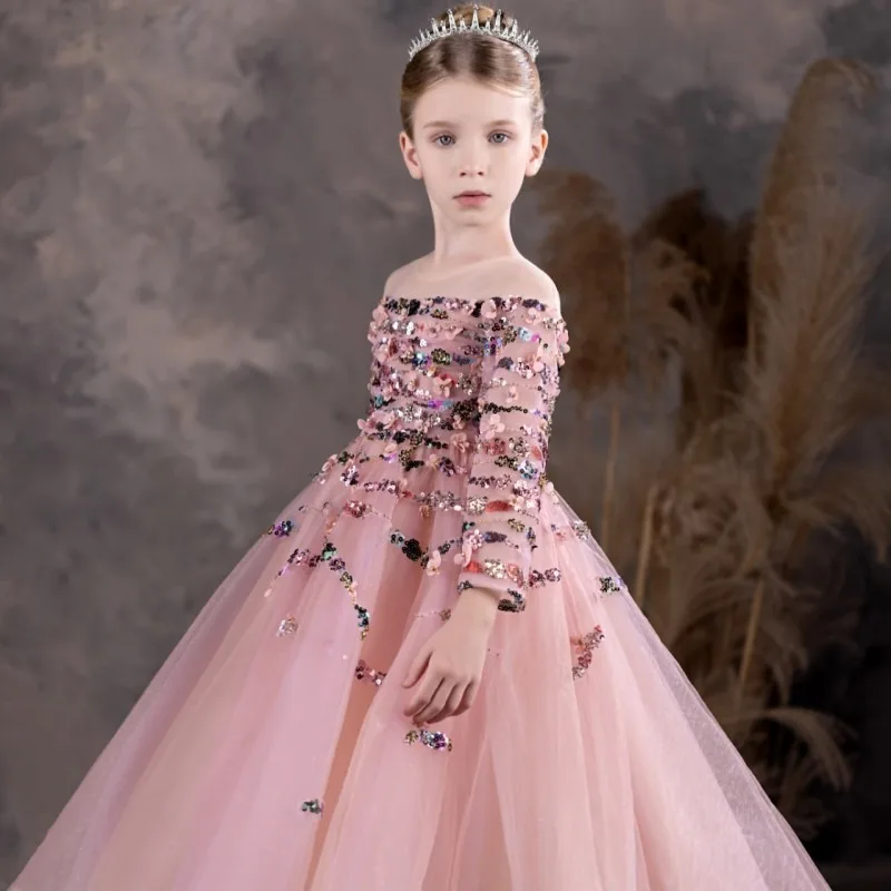 Vestidos de lujo de flores de Coral para niña, vestido de princesa con cuentas y lentejuelas para niños, boda, fiesta de cumpleaños, desfile, J125