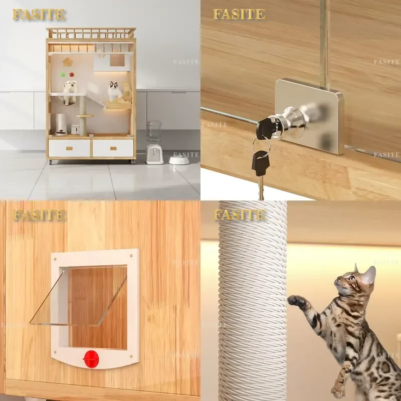 For Cat Three Story Wooden Villa Cage with Tempered Glass Doors Modern Luxury Pet Furniture Large Living Room Enclosure