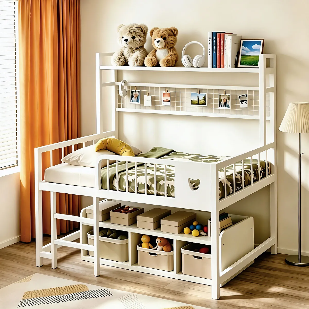 Wrought iron elevated bed Household children's bed Empty storage under the Space-saving overhead two-layer Small apartme