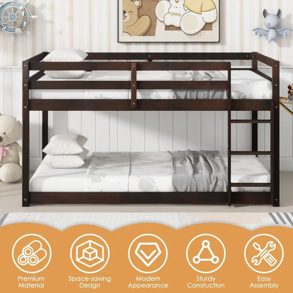 Bunk Bed Twin Over Twin,Wood Low Profile Floor Twin Bunk Beds with Ladder Guardrails for Kids Boys and Girl,No Box Spring Needed