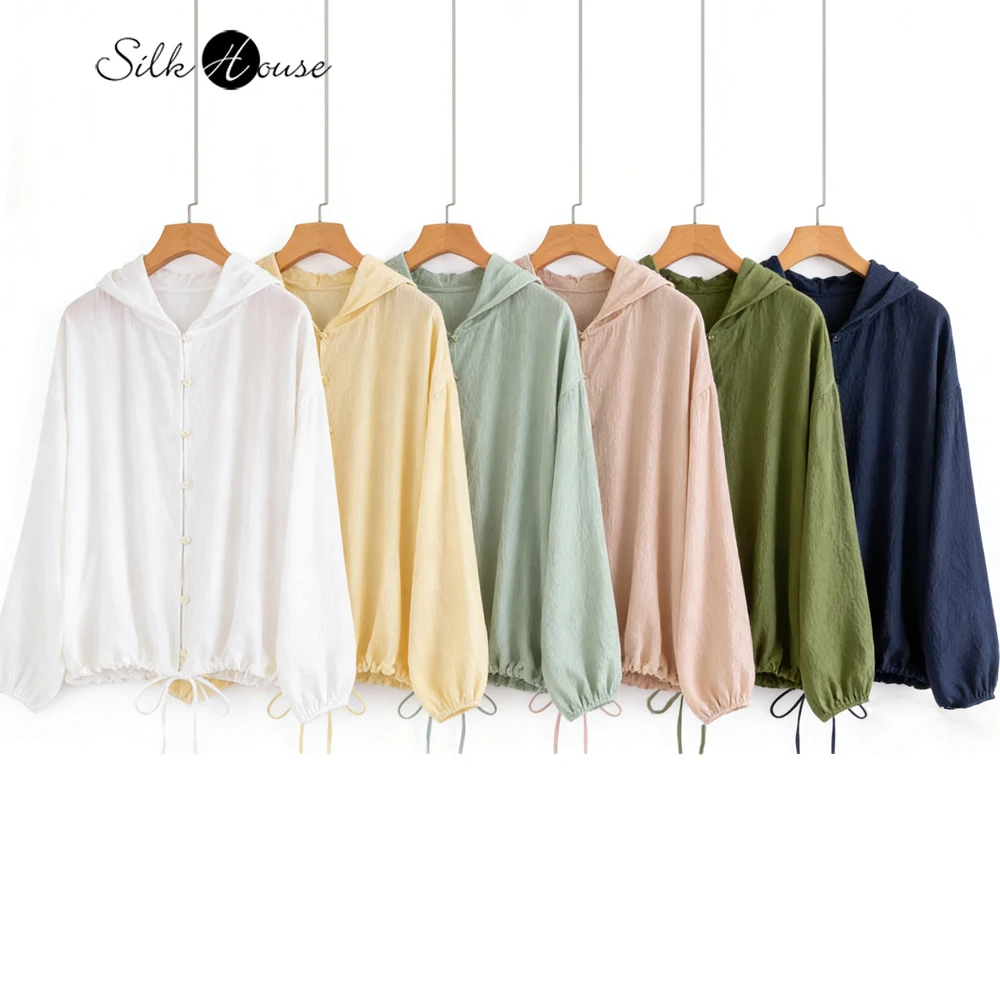 Women's Summer New 100% Natural Mulberry Silk Bubble Crepe Relaxed Version Hooded Breathable Skin Friendly Sunscreen Clothing