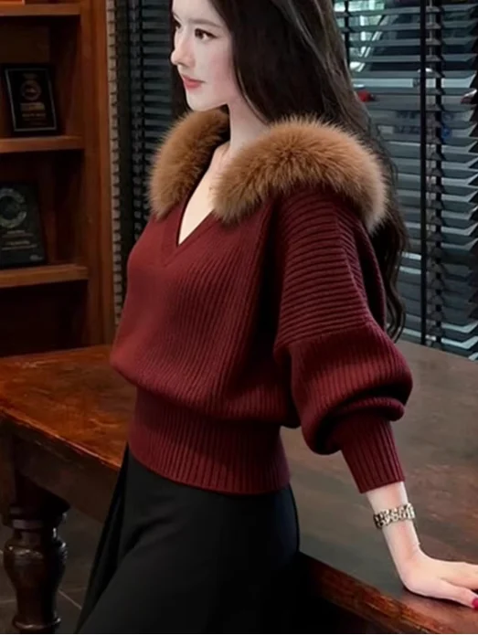 秋冬 レディース Vネック ニットウェア ファッション ラジースタイル ハイエンド ワインレッド ファーカラー セーター ルーズフィット レギュラーサイズ