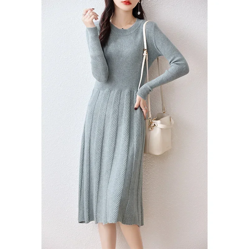 Hot Sale 100% Merino Wool Knitted Sweater Women Dress Winter/Autumn Female Knee Length Dresses Long Style Thicken Knit Jumper